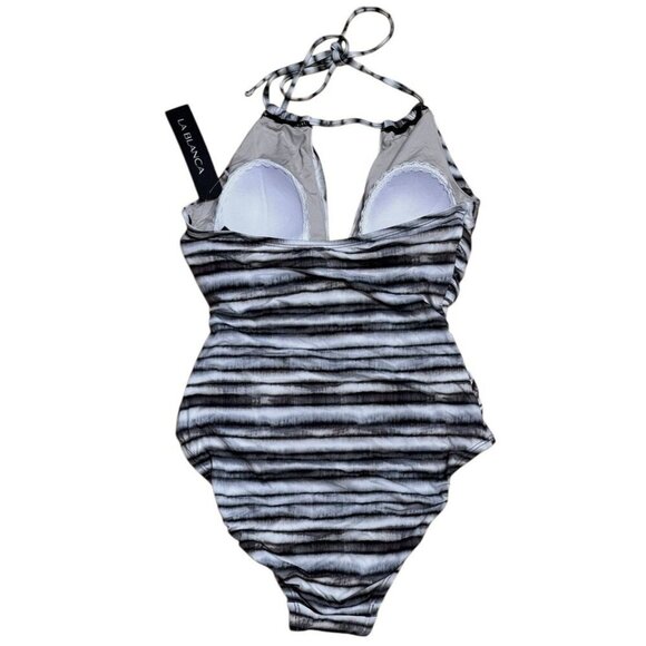 La Blanca Sz 4 Swimsuit Bamboo Striped HighNeck Cutout Halter One piece New NWT - Picture 4 of 5